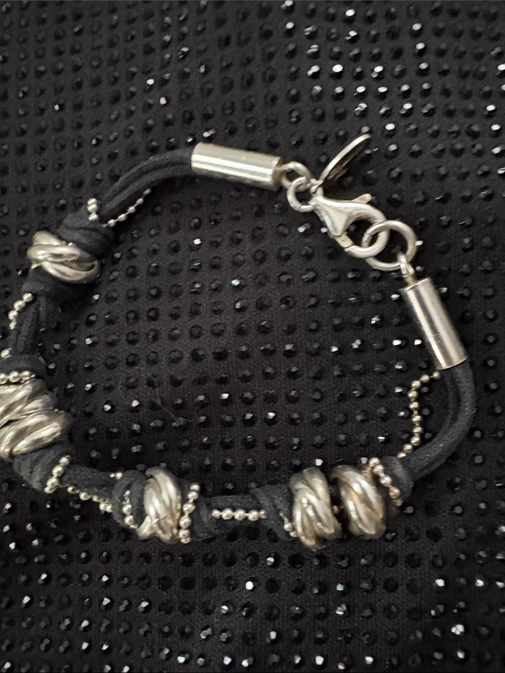 Black Leather and Silver Bead Women's Bracelet